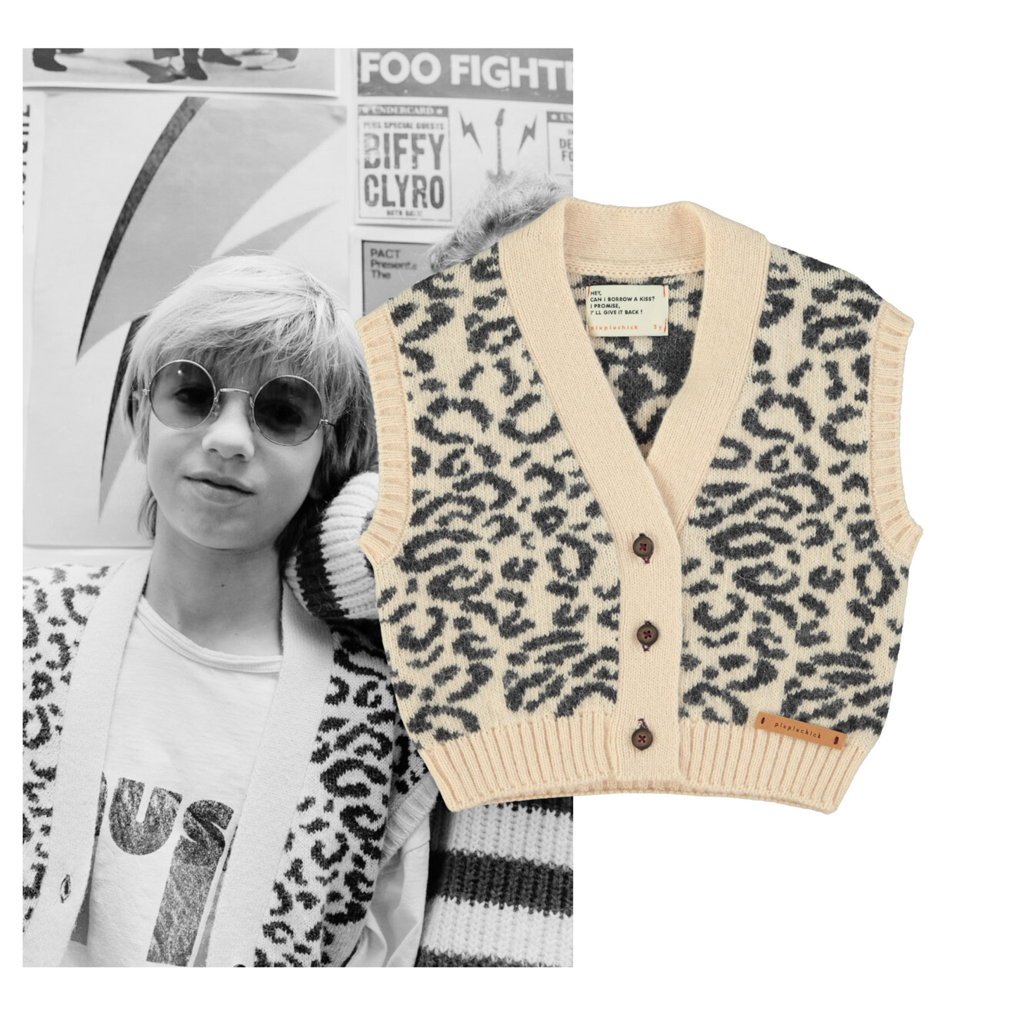 Piupiuchick AW25 - Knitted waistcoat | Light pink w/ black animal print