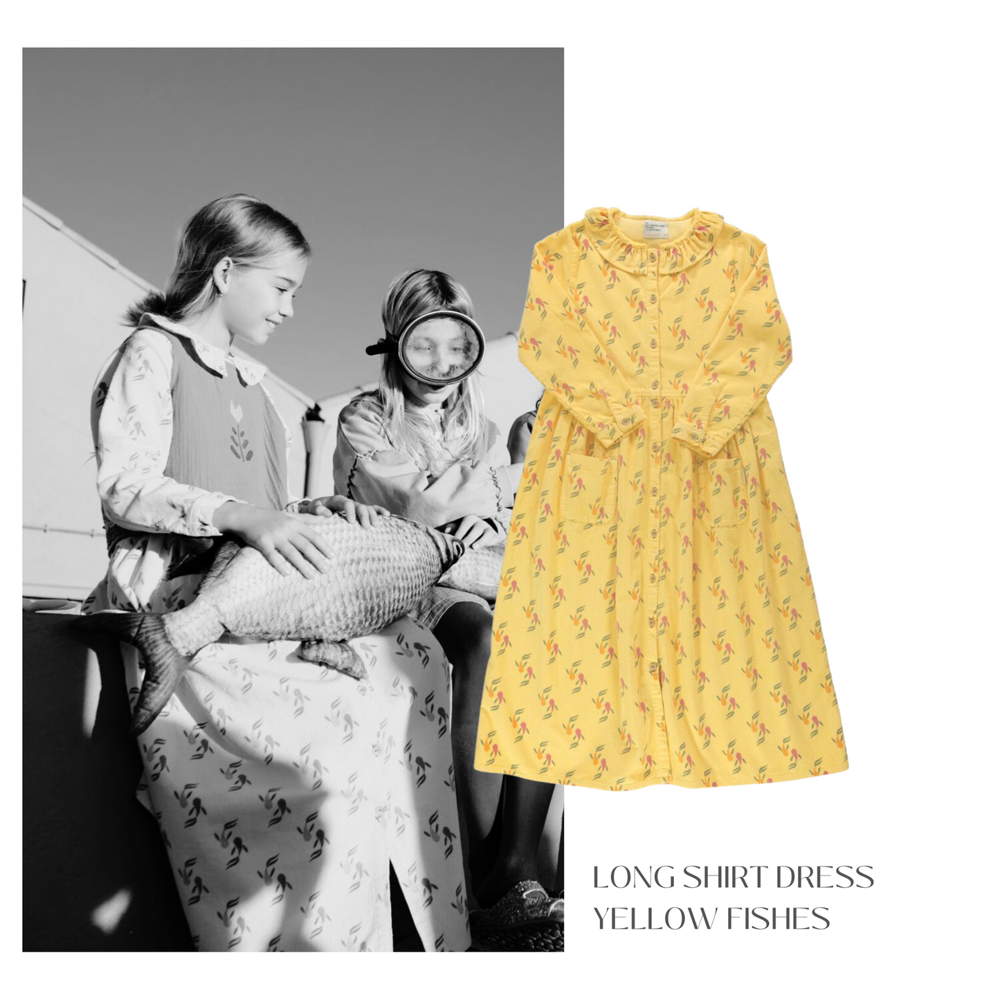 Piupiuchick - Long Shirt Dress Yellow w Multicolor Fishes