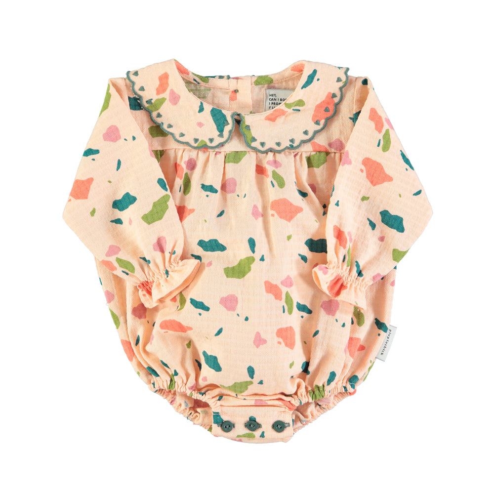 Piupiuchick - Longsleeve Romper Pink w Multicolor Geometric Allover