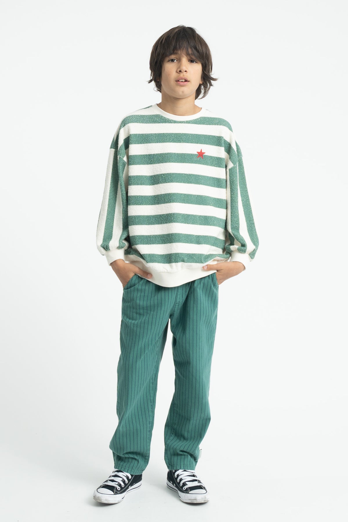 Piupiuchick AW26 - Kinder Pulli Weiß - 100% Bio-Baumwolle - Grün Gestreift