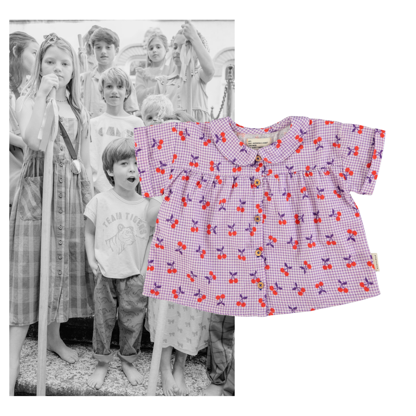 Piupiuchick - Peter Pan Collar Shirt Purple & White Checkered Cherries SS25