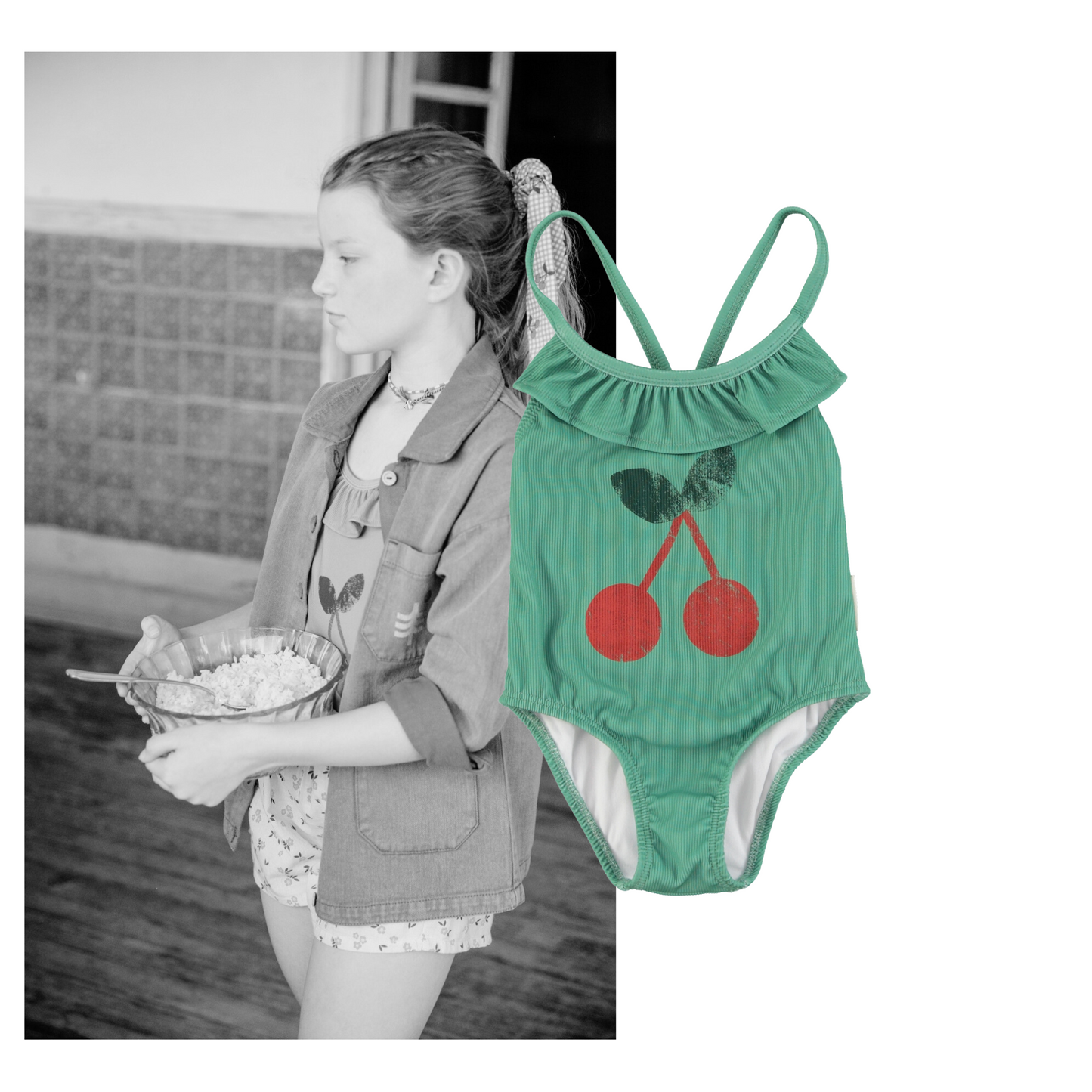 Piupiuchick - Swimsuit Ruffles Green Cherry Print SS25