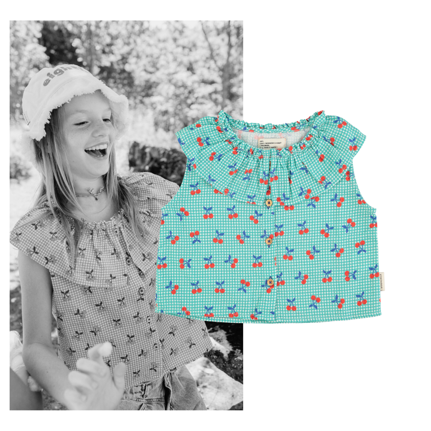 Piupiuchick - Sleeveless Blouse Collar Turquoise & White Checkered Cherries SS25