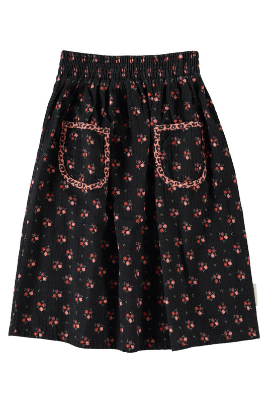 Piupiuchick AW26 - Schwarze Kinder Lang Rock - 100% Baumwolle - Roten Blumen mit Taschen