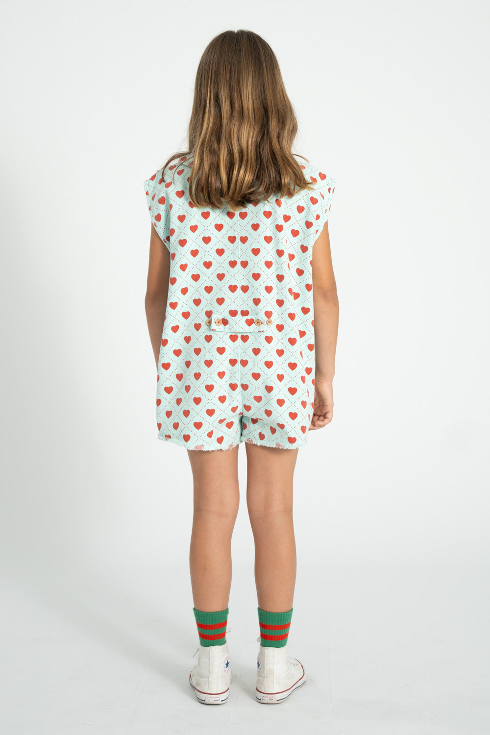 Piupiuchick SS26 - Ärmelloser Overall - Baumwolle für Kinder - Hellblau mit roten Herzen