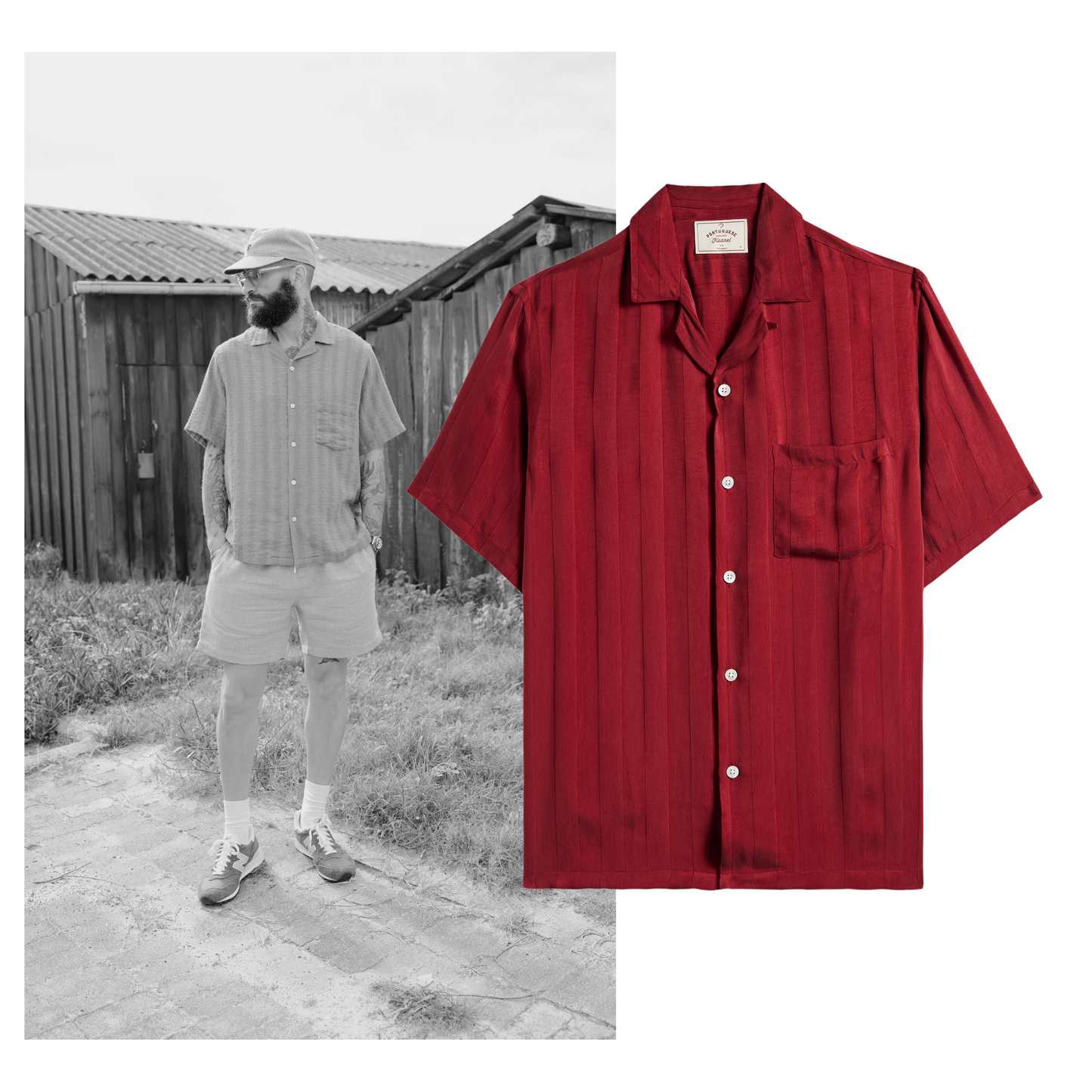 Portuguese Flannel - Cupro Stripe Bordeaux Kurzarmhemd