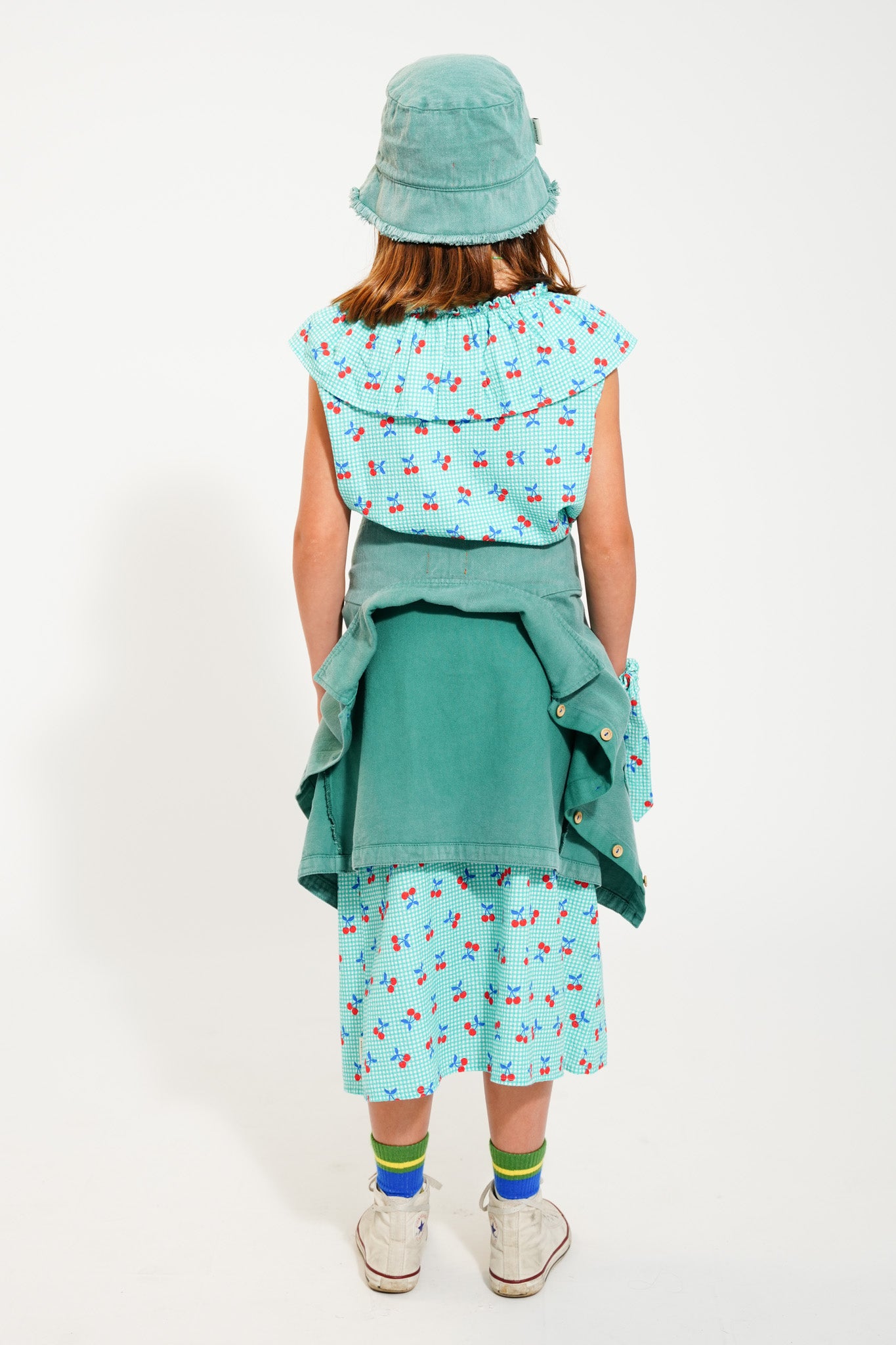 Piupiuchick - Sleeveless Blouse Collar Turquoise & White Checkered Cherries SS25