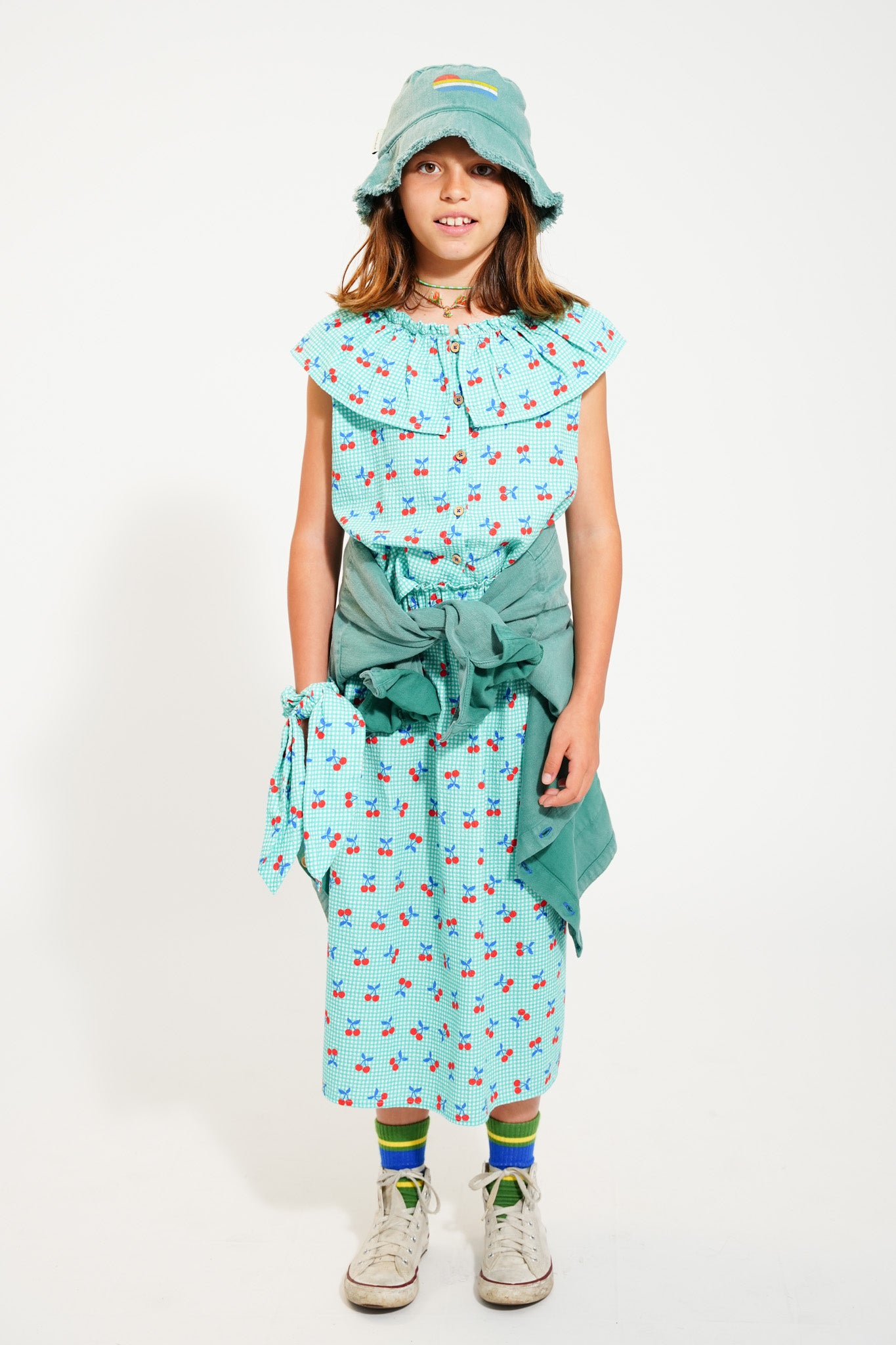 Piupiuchick - Sleeveless Blouse Collar Turquoise & White Checkered Cherries SS25
