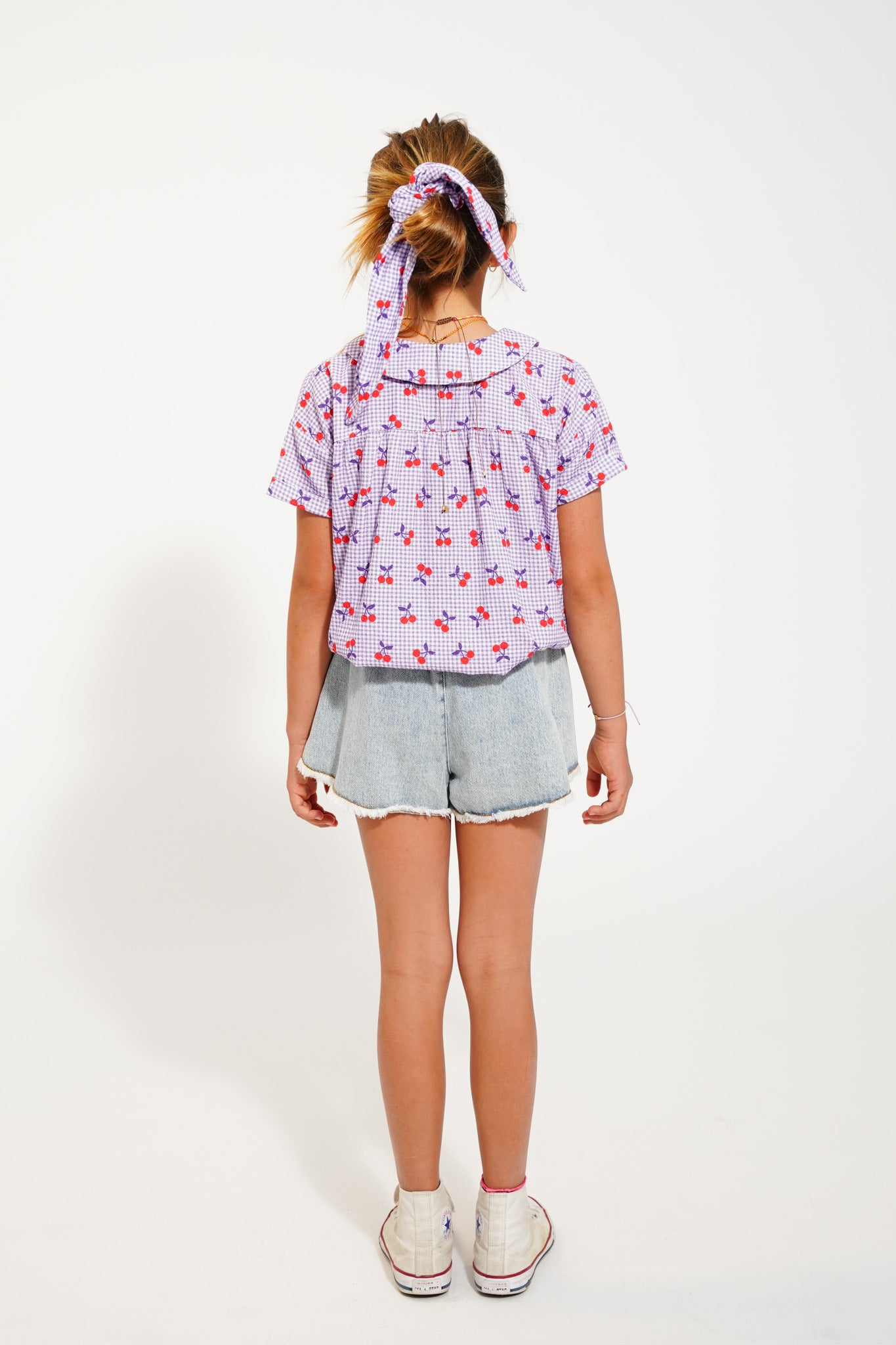 Piupiuchick - Peter Pan Collar Shirt Purple & White Checkered Cherries SS25