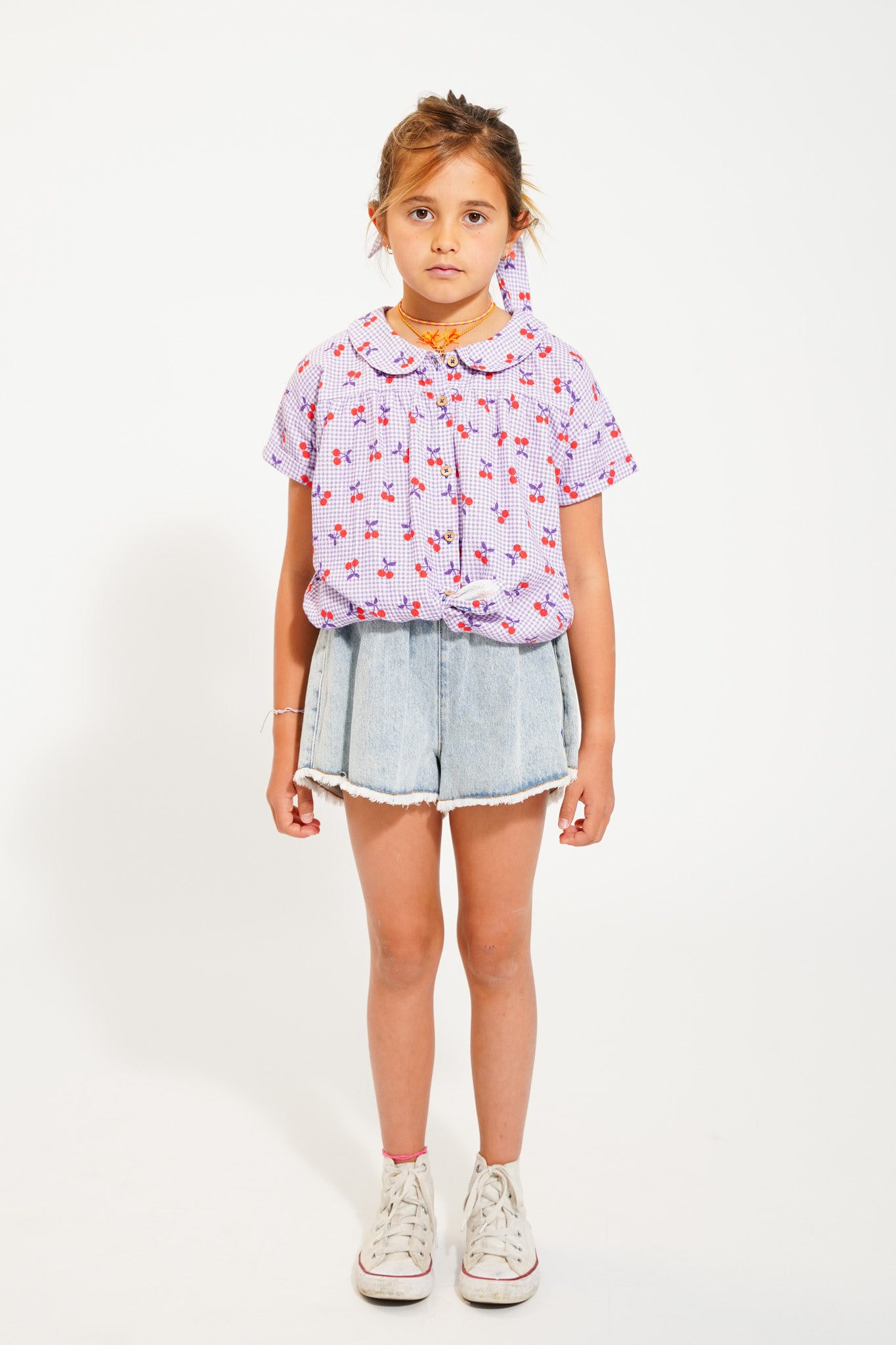 Piupiuchick - Peter Pan Collar Shirt Purple & White Checkered Cherries SS25