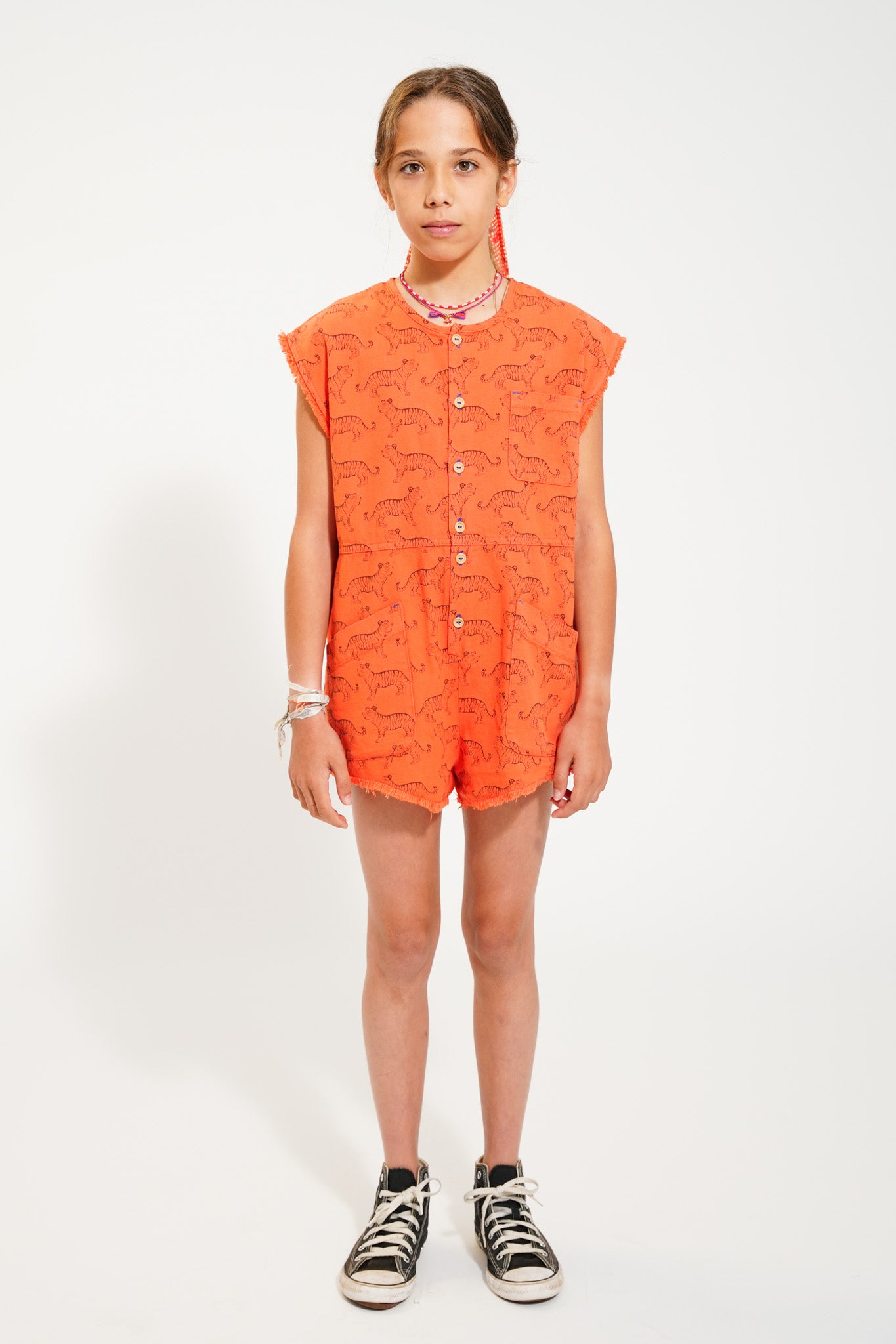 Piupiuchick - Short Sleeveless Jumpsuit Orange Black Tigers SS25