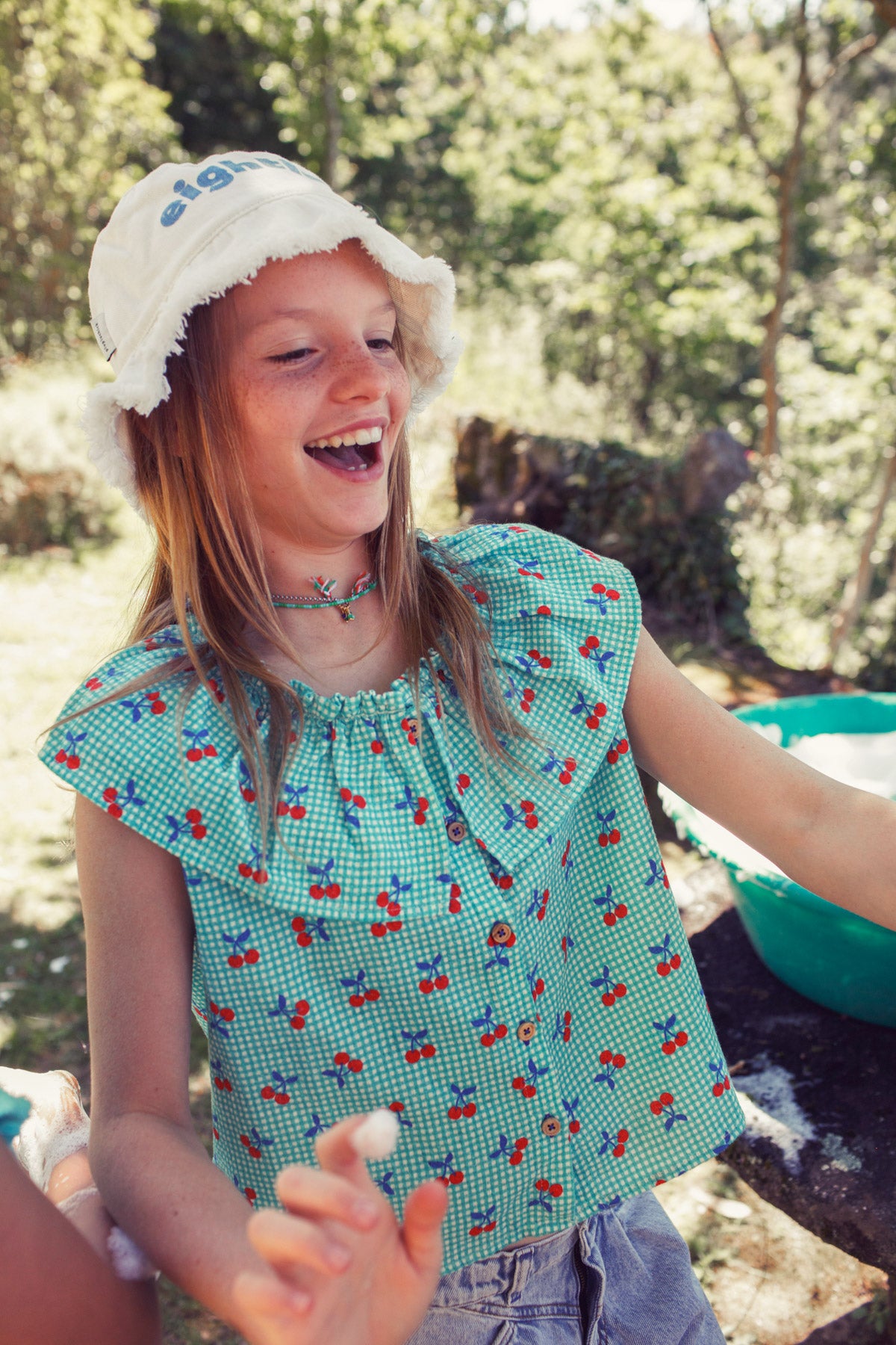 Piupiuchick - Sleeveless Blouse Collar Turquoise & White Checkered Cherries SS25