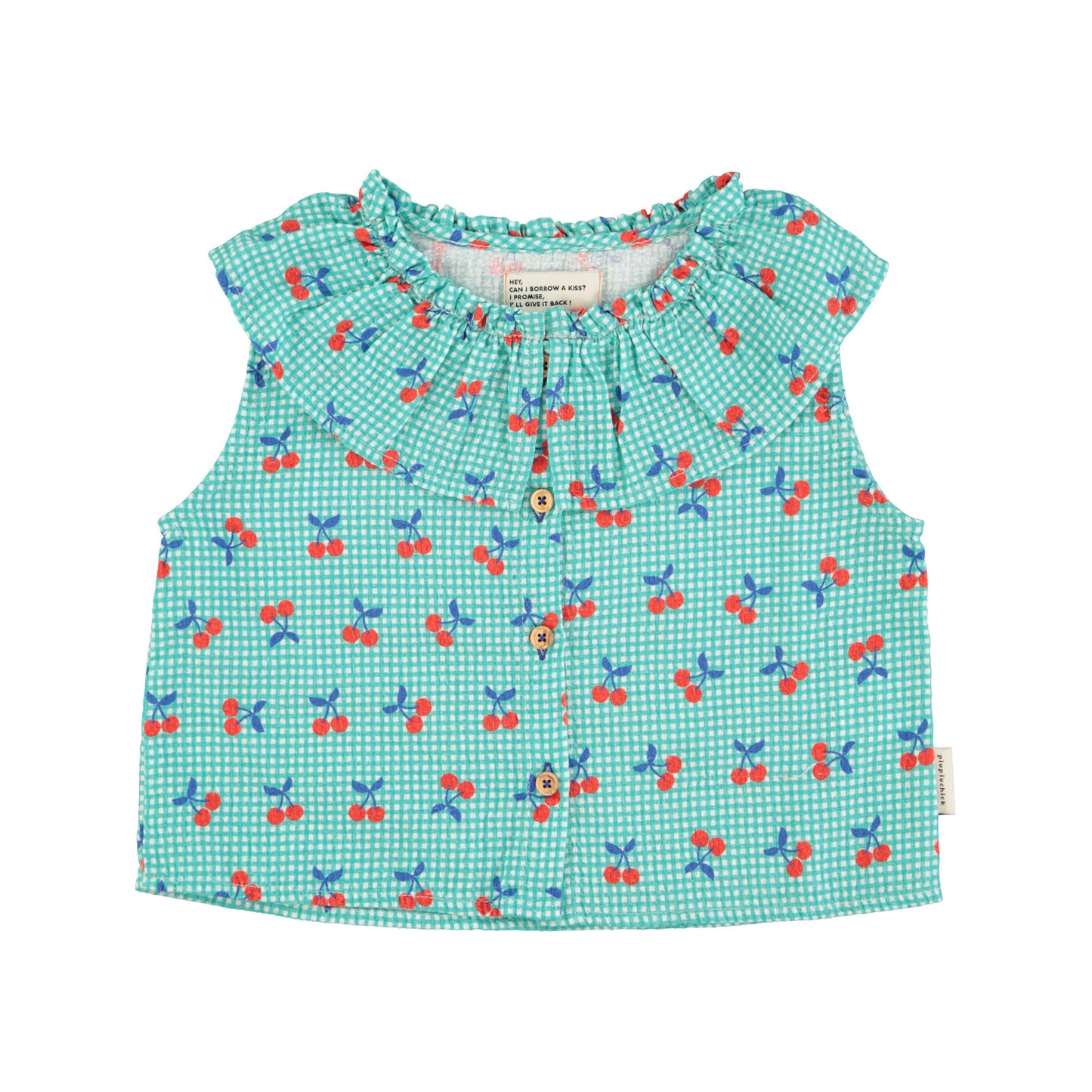 Piupiuchick - Sleeveless Blouse Collar Turquoise & White Checkered Cherries SS25