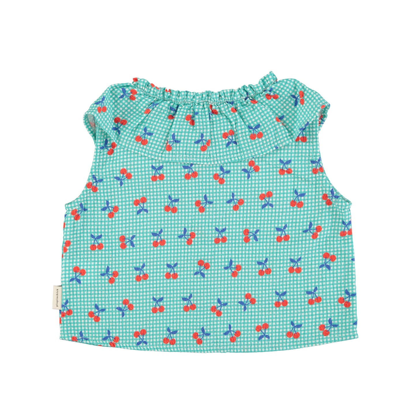 Piupiuchick - Sleeveless Blouse Collar Turquoise & White Checkered Cherries SS25