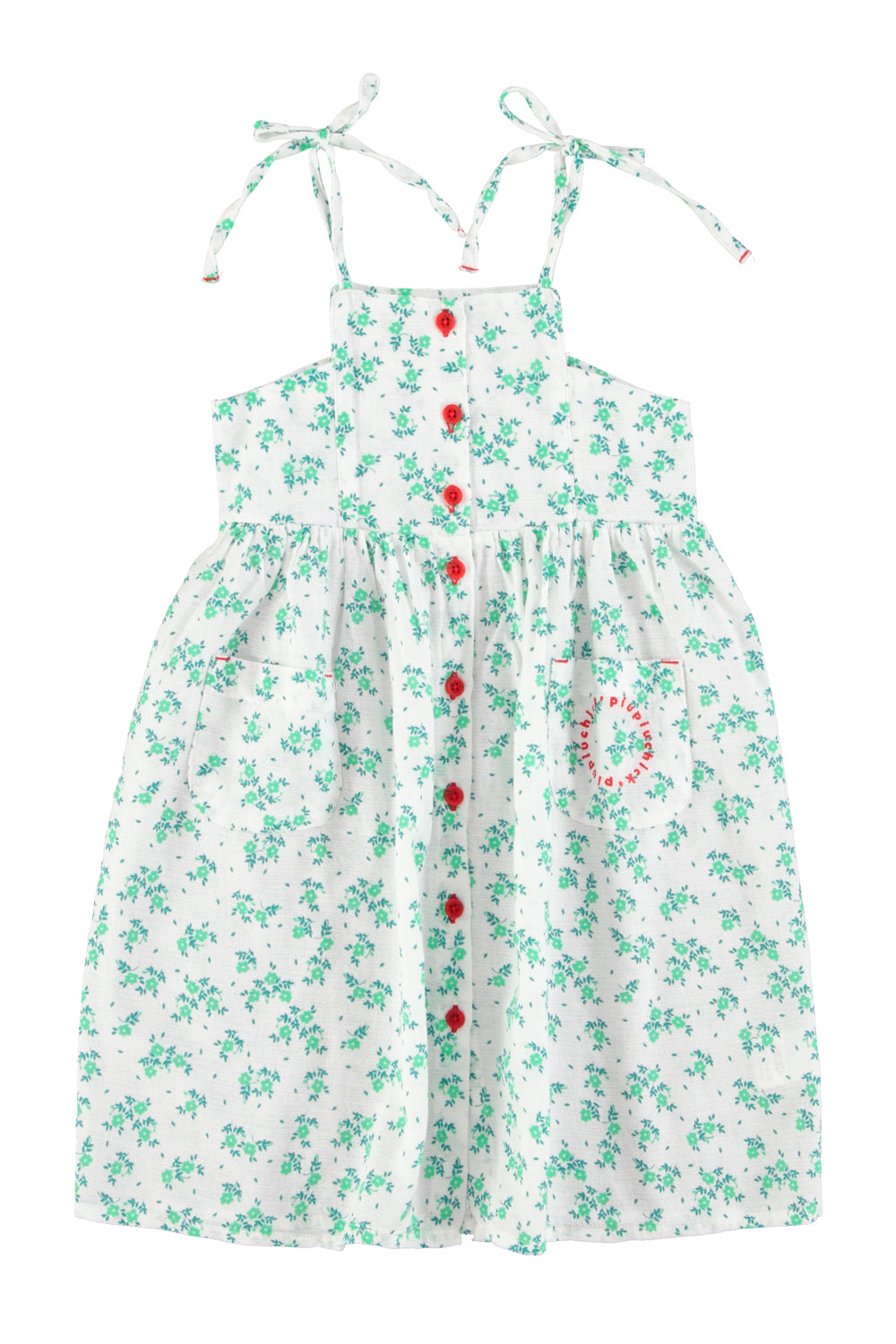 Piupiuchick SS26 - Langes Kleid für Kinder - Bio-Baumwolle - Weiß mit grünen Blumen