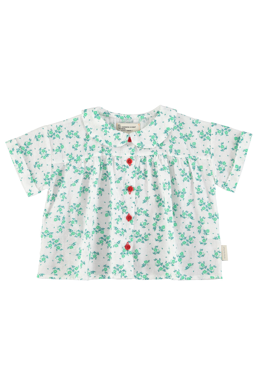 Piupiuchick SS26 - Kinderbluse mit Kragen - Bio-Baumwolle - Weiß mit grünen Blumen