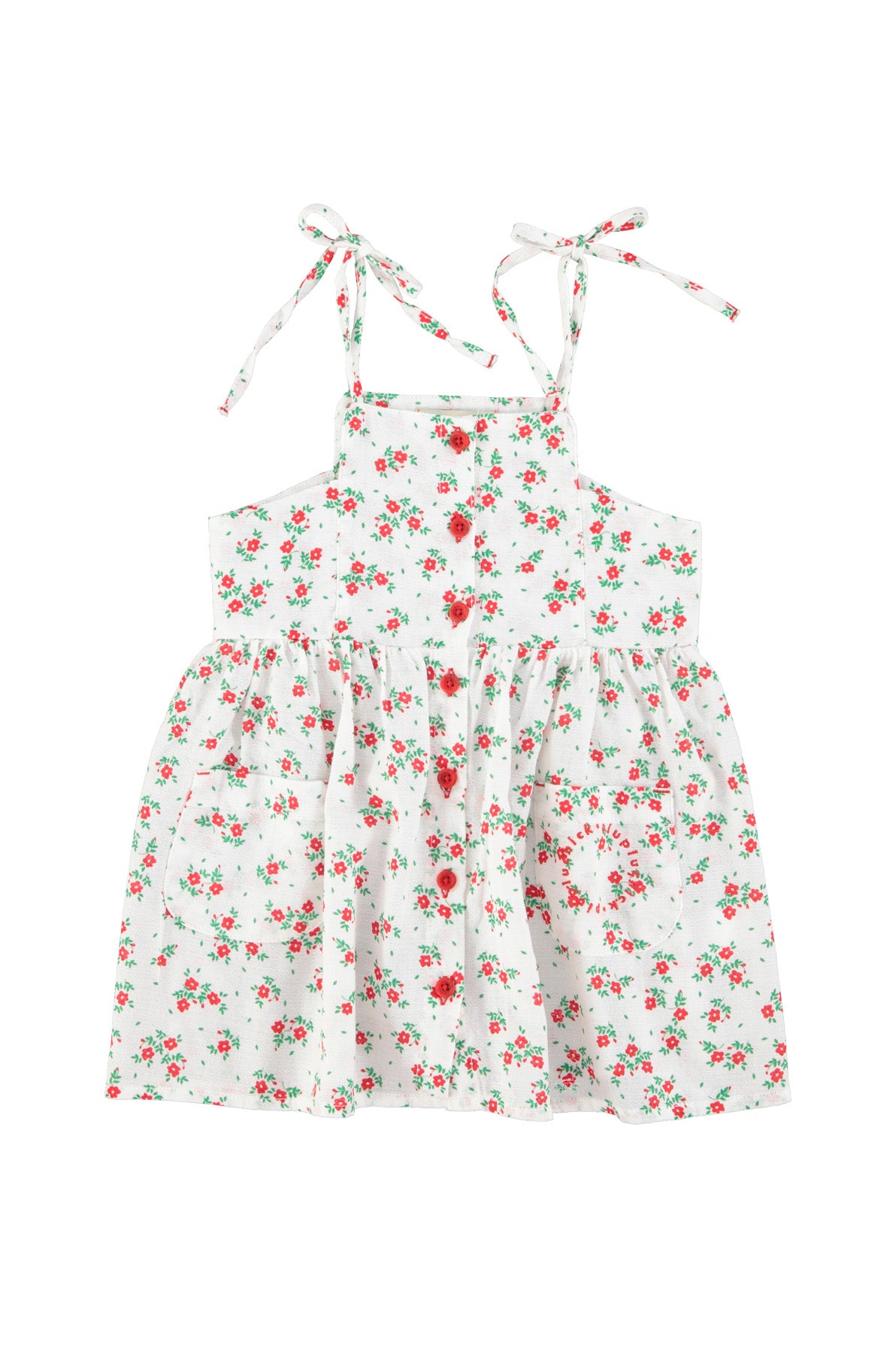 Piupiuchick SS26 - Kinder Kleid - Bio-Baumwolle - Weiß mit rote Blumen