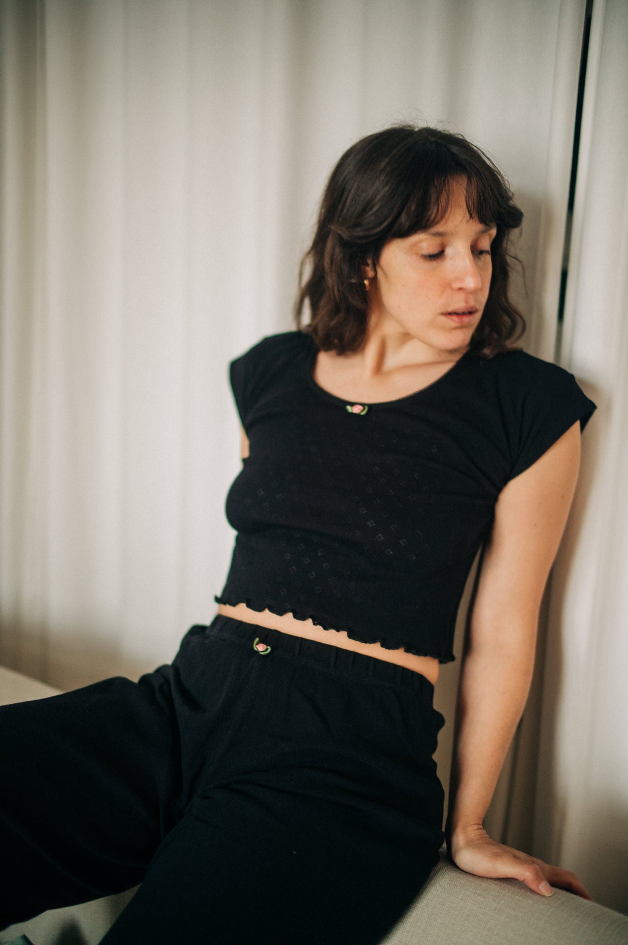 Baumwoll Loungewear Hose Damen MARGARITA – Schwarz – Tricirculo