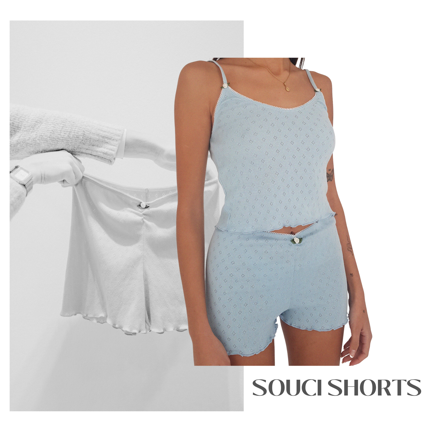 Baumwoll Shorts Damen SOUCI – Retro Loungewear – Blau – Tricirculo