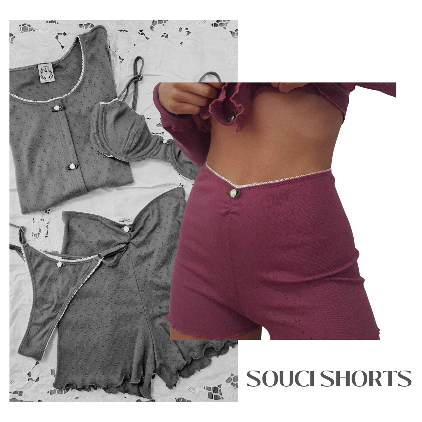 Baumwoll Shorts Damen SOUCI – Retro Loungewear – Bordeaux Rot – Tricirculo