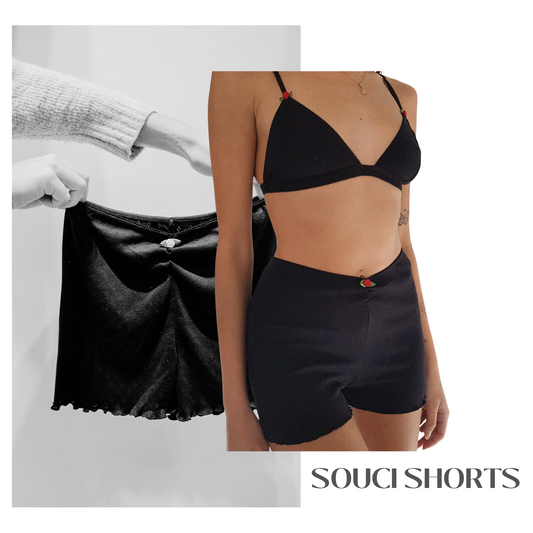 Baumwoll Shorts Damen SOUCI – Retro Loungewear – Schwarz – Tricirculo
