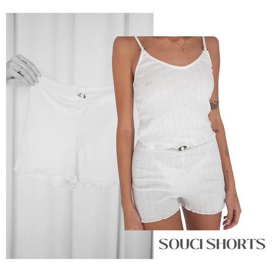 Baumwoll Shorts Damen SOUCI – Retro Loungewear – Weiß – Tricirculo