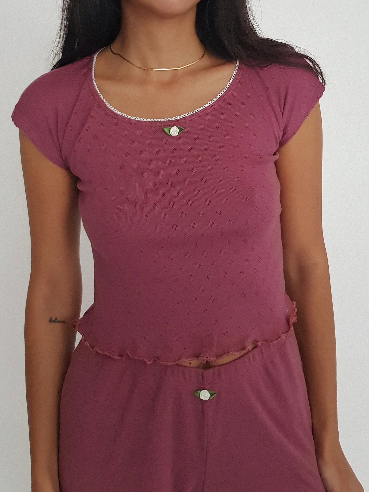 Baumwoll Top Damen LILAS – Retro Design – Bordeaux Rot – Tricirculo