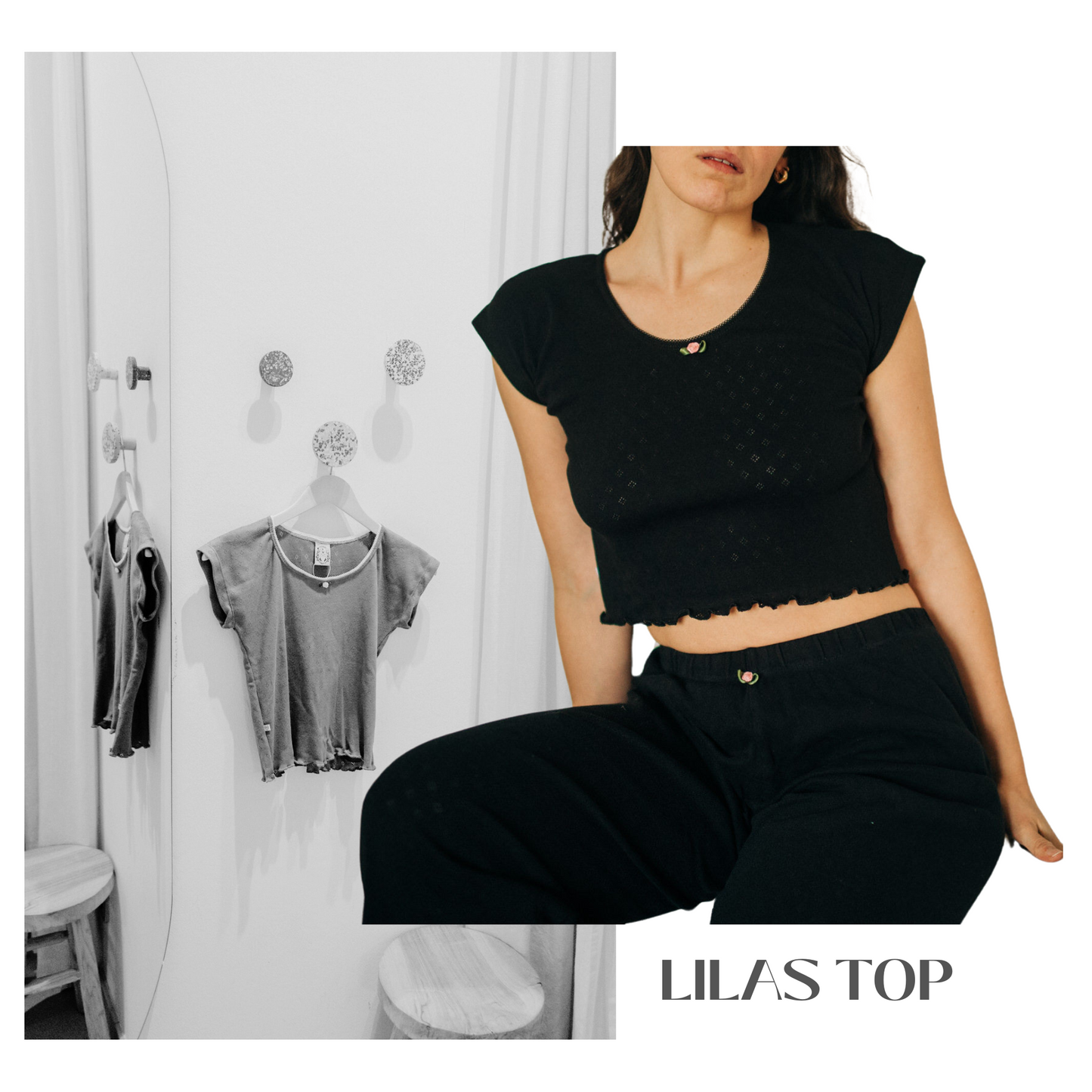 Baumwoll Top Damen LILAS – Retro Design – Schwarz – Tricirculo