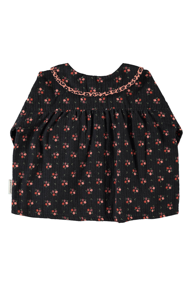 Piupiuchick AW26 - Schwarze Kinder Bluse - 100% Baumwolle - Kragen und Roten Blumen