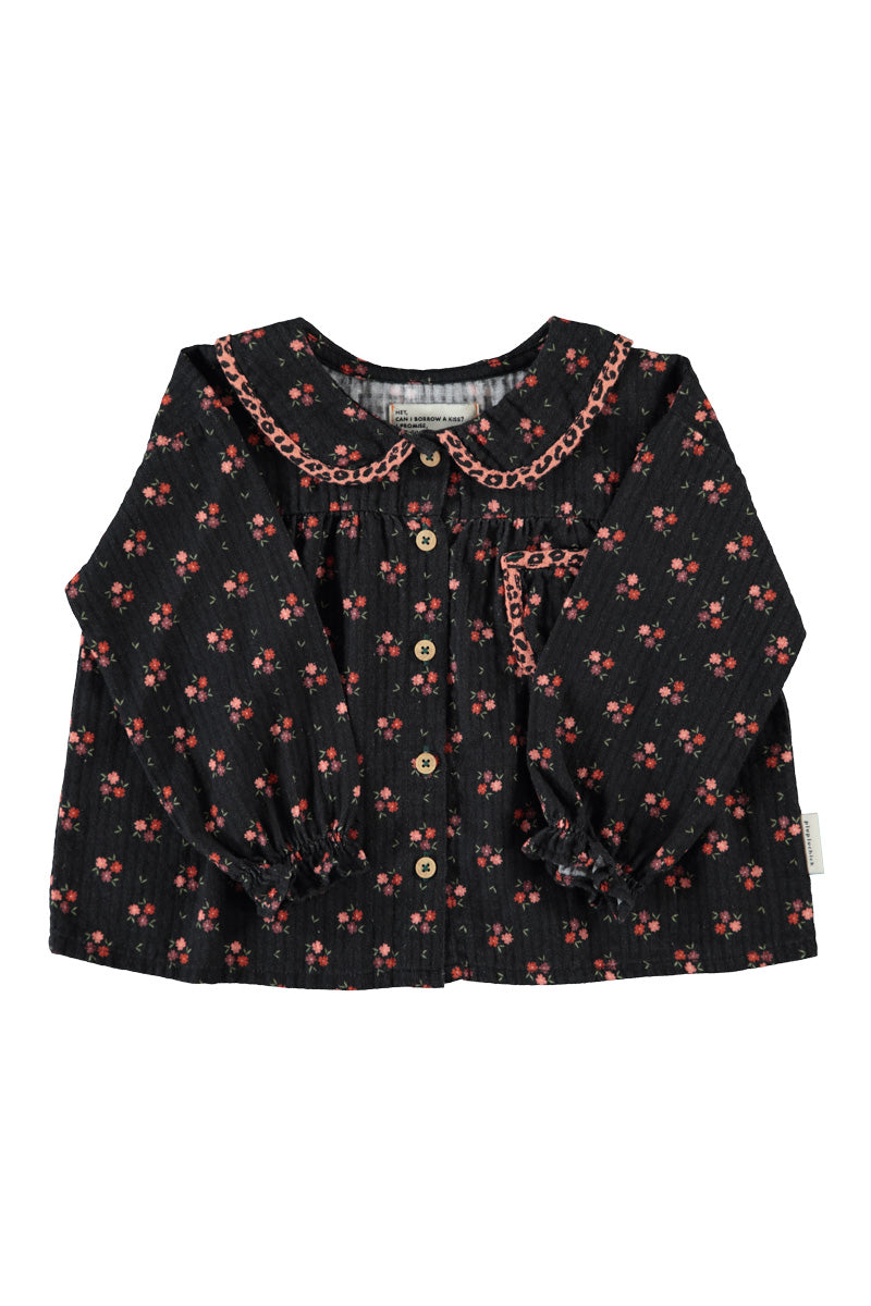 Piupiuchick AW26 - Schwarze Kinder Bluse - 100% Baumwolle - Kragen und Roten Blumen