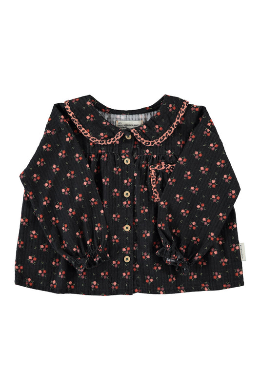 Piupiuchick AW26 - Schwarze Kinder Bluse - 100% Baumwolle - Kragen und Roten Blumen