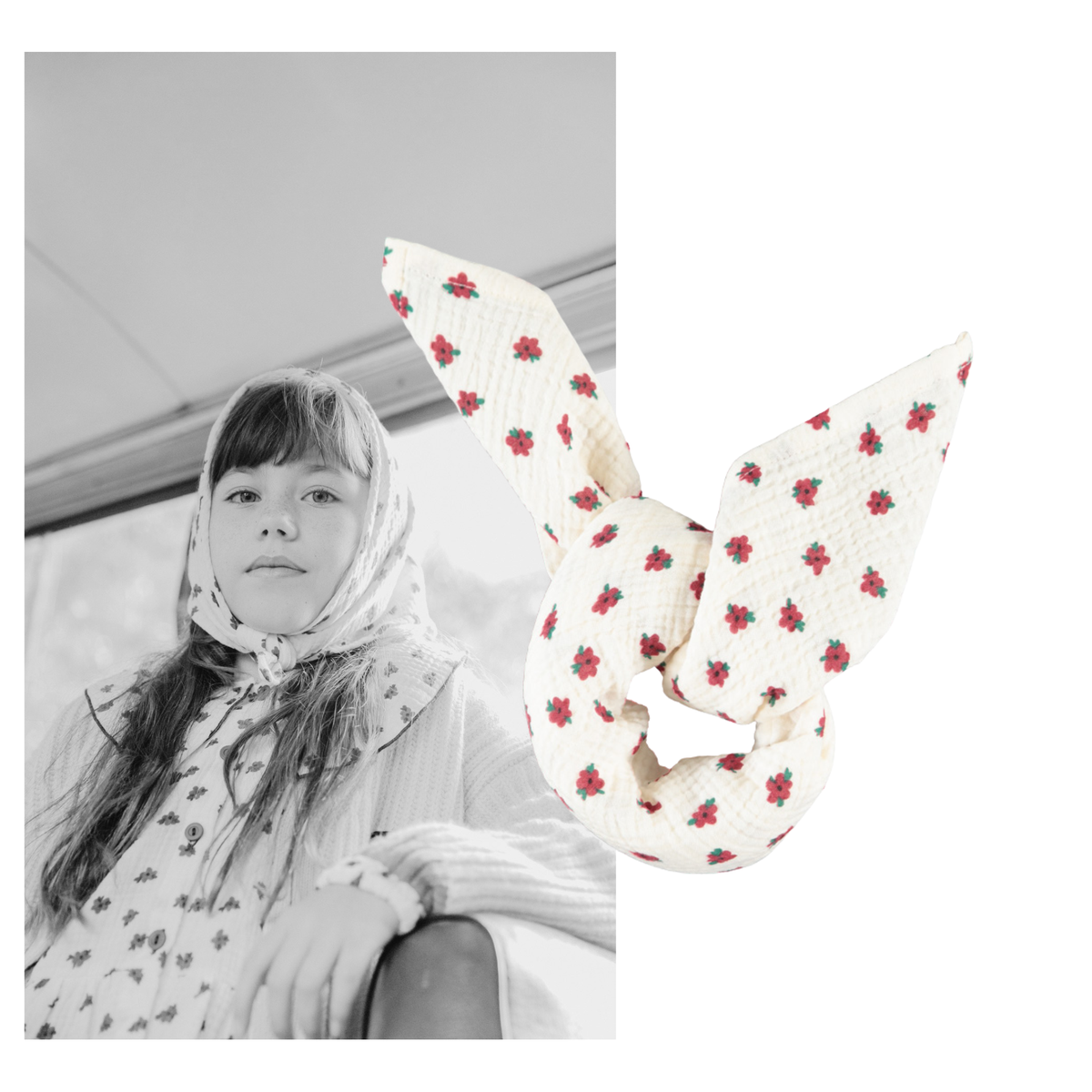 Piupiuchick AW26 - Bandana - 100% Bio-Baumwolle - Weiß mit Roten Blumen