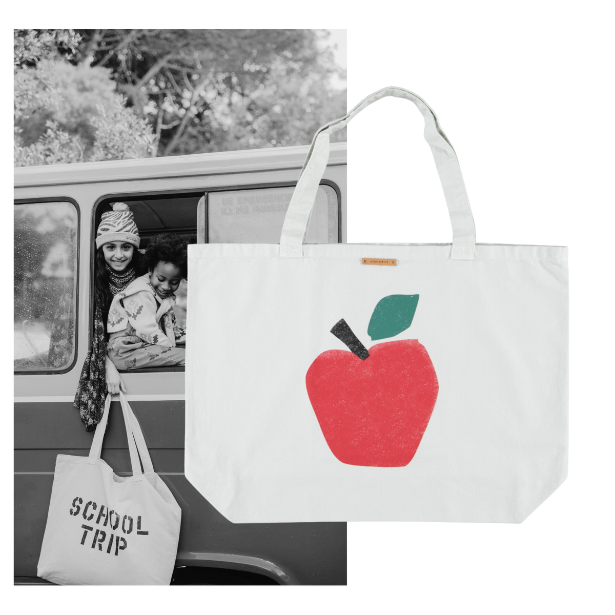 Piupiuchick AW26 - Große Tasche - 100% Baumwolle - Grau mit Apfel Druck