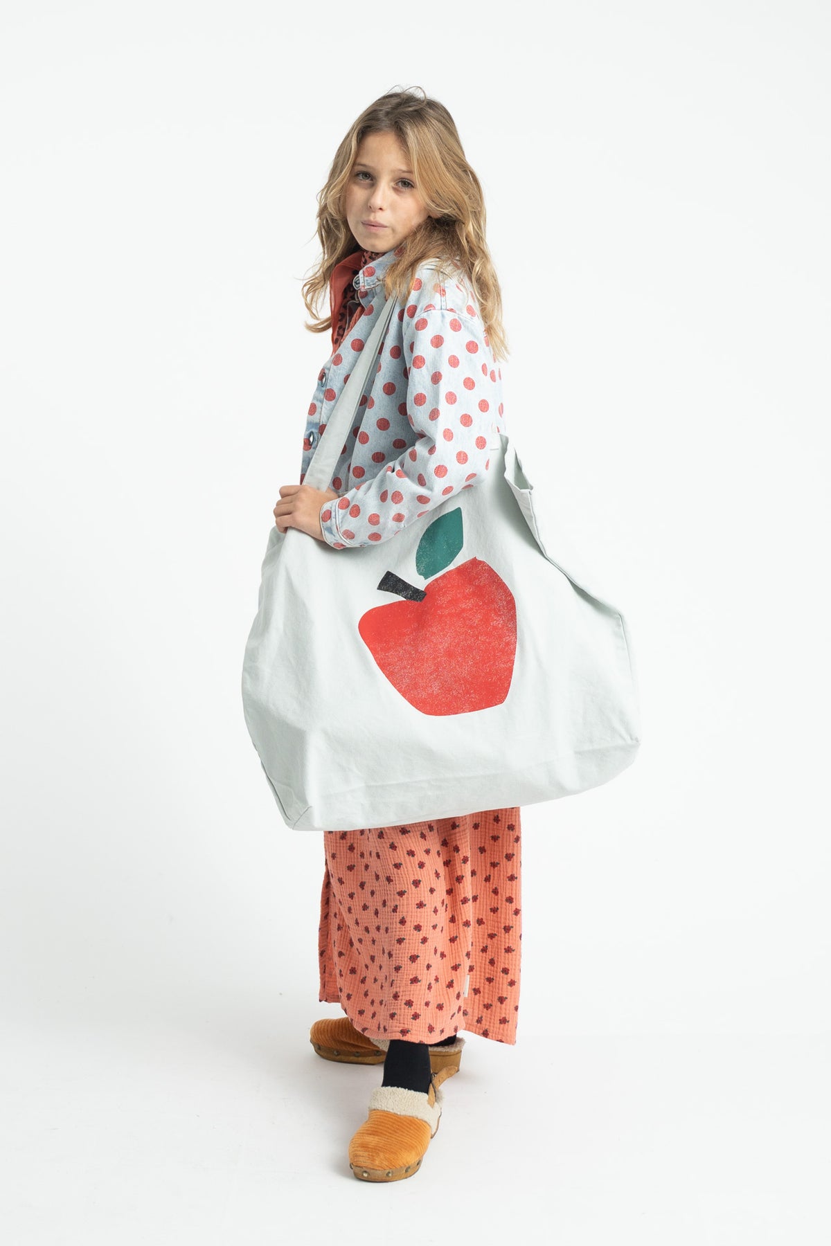 Piupiuchick AW26 - Große Tasche - 100% Baumwolle - Grau mit Apfel Druck