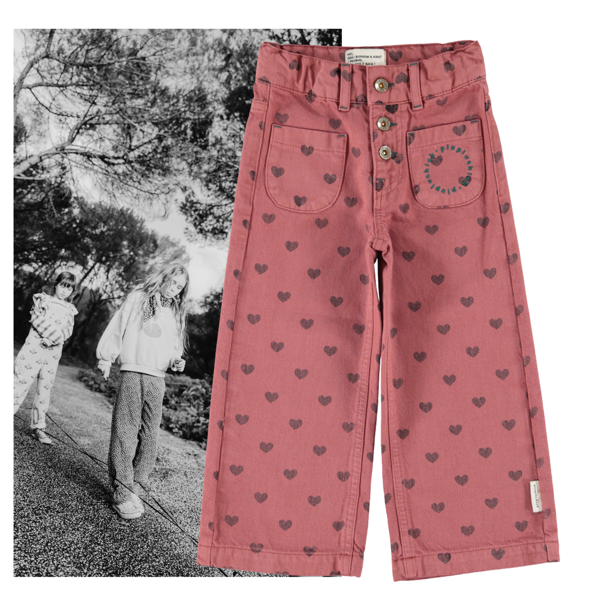 Piupiuchick AW26 - Kinder Hose Rot Rosa - 100% Bio-Baumwolle - Schwarzen Herzen