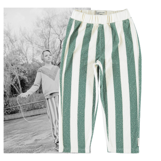 Piupiuchick AW26 - Kinder Joggin Hose Weiß - 100% Bio-Baumwolle - Grün Gestreift