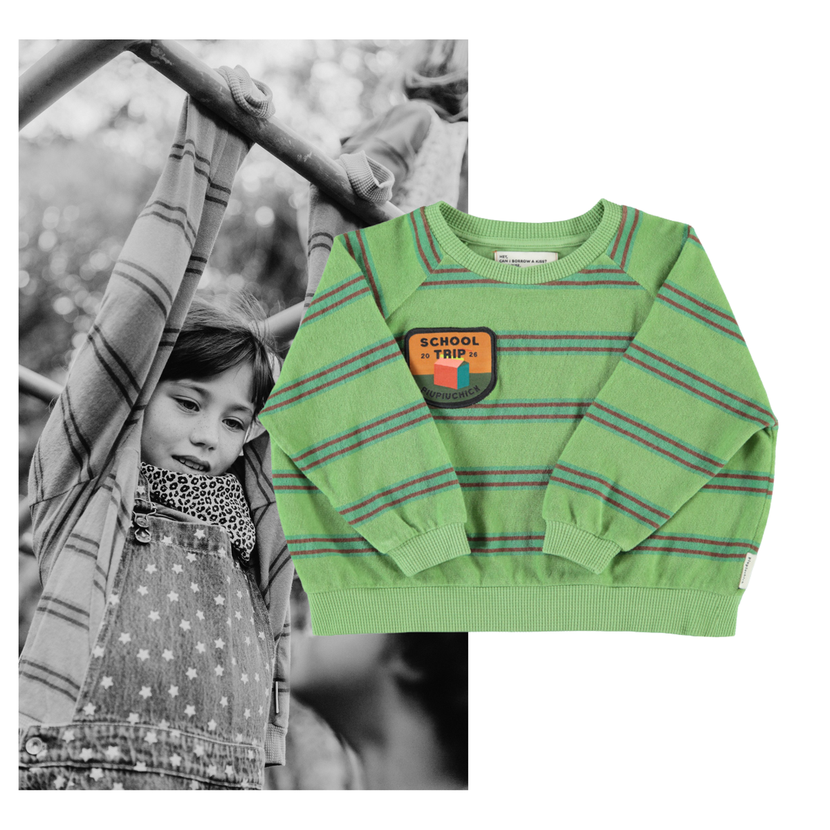 Piupiuchick AW26 - Kinder Pulli Grün - 100% Bio-Baumwolle - Grün Gestreift