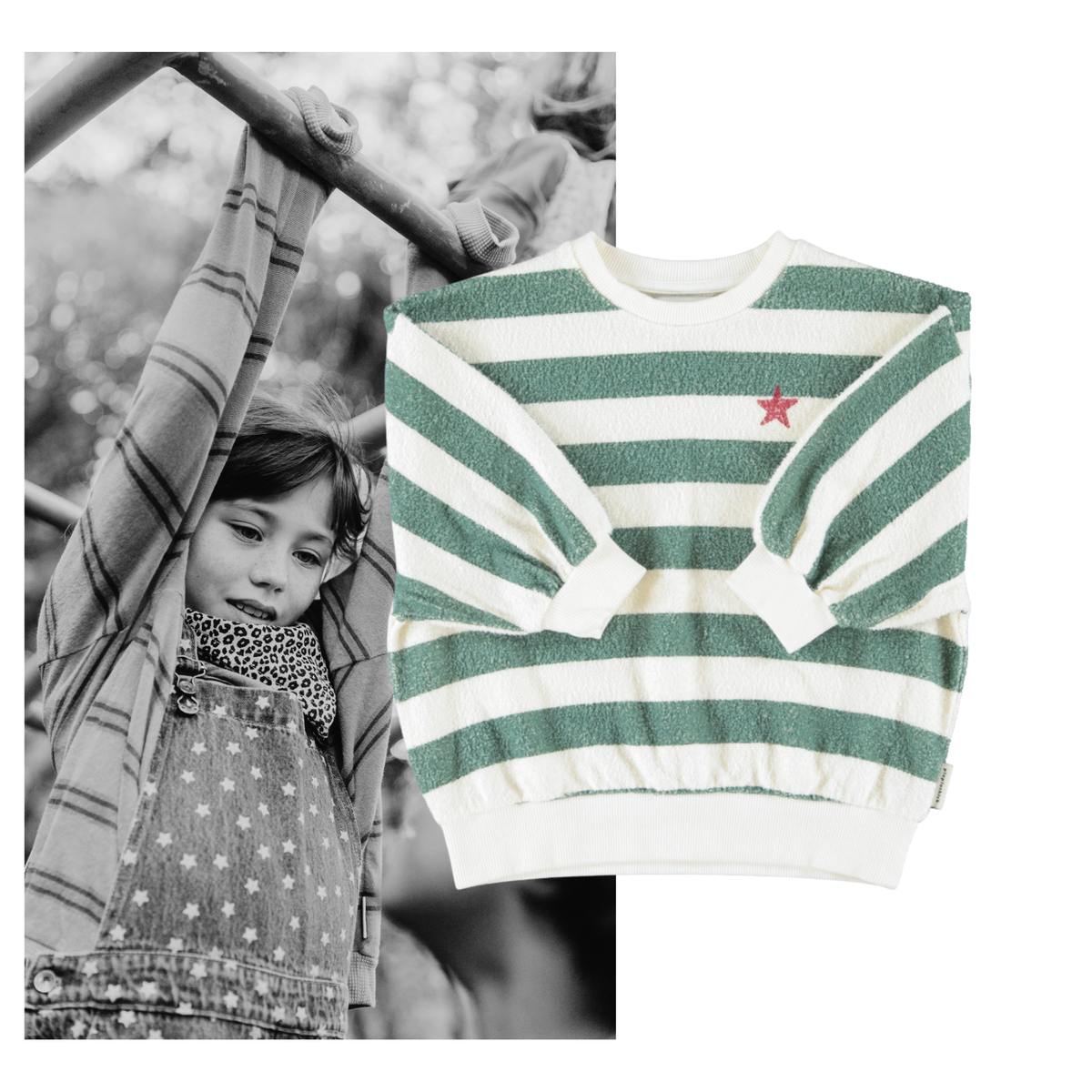 Piupiuchick AW26 - Kinder Pulli Weiß - 100% Bio-Baumwolle - Grün Gestreift