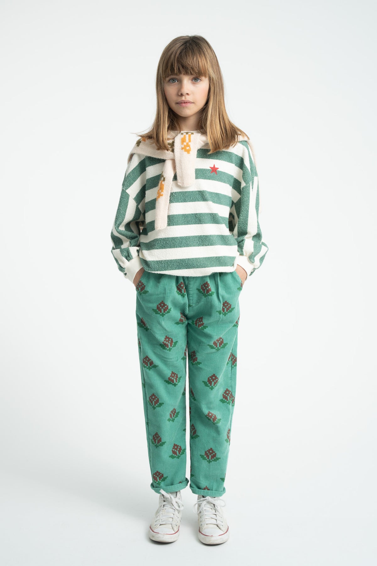 Piupiuchick AW26 - Kinder Pulli Weiß - 100% Bio-Baumwolle - Grün Gestreift