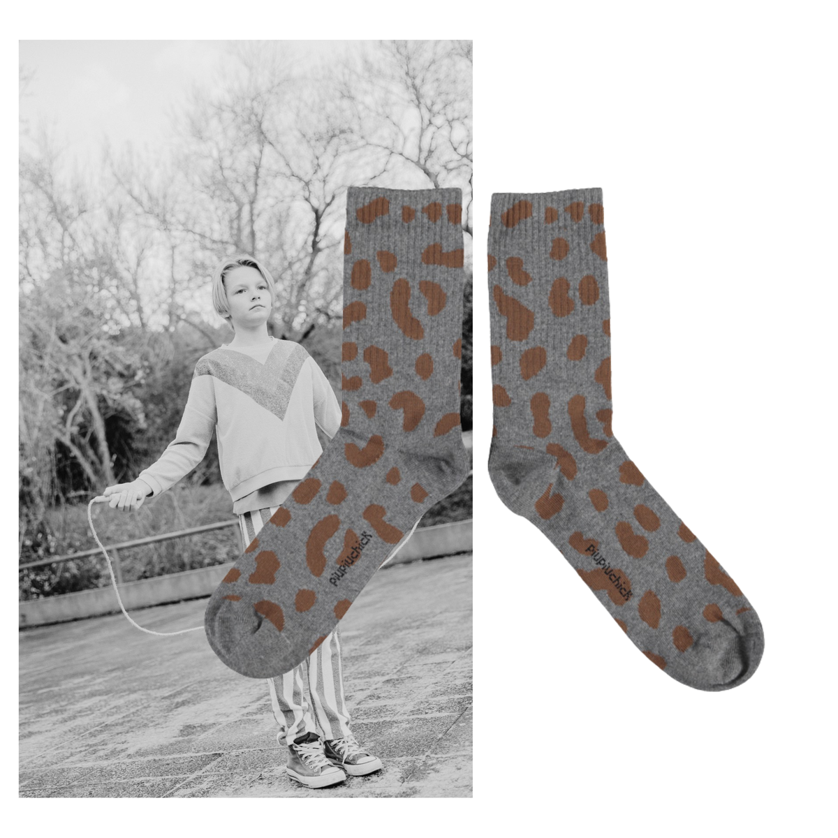Piupiuchick AW26 - Kinder Socken Grau Braun - Tiere Muster