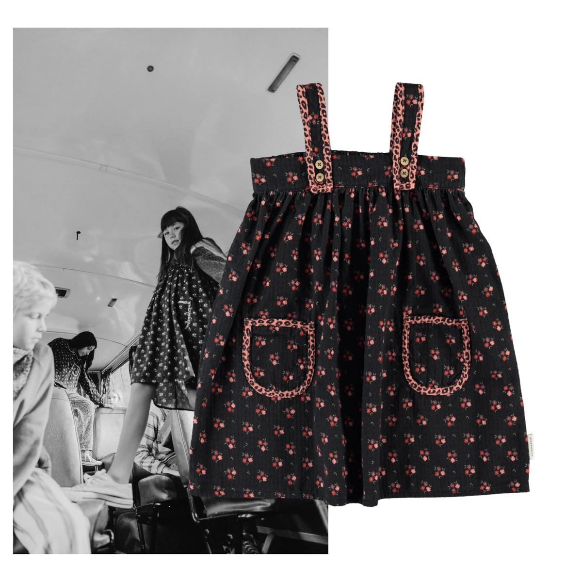 Piupiuchick AW26 - Schwarze Kinder Kleider - 100% Baumwolle - Roten Blumen mit Taschen