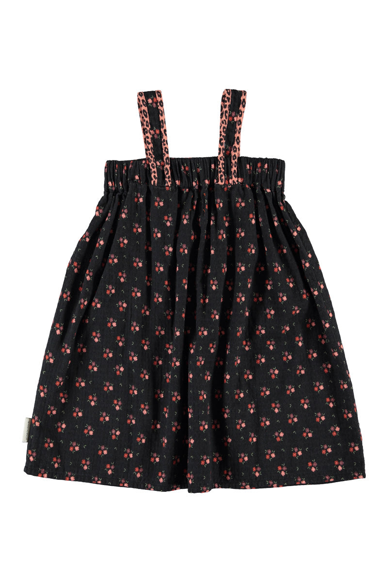 Piupiuchick AW26 - Schwarze Kinder Kleider - 100% Baumwolle - Roten Blumen mit Taschen