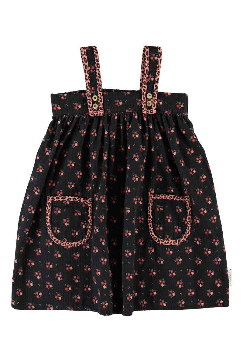 Piupiuchick AW26 - Schwarze Kinder Kleider - 100% Baumwolle - Roten Blumen mit Taschen