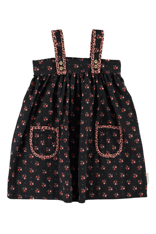 Piupiuchick AW26 - Schwarze Kinder Kleider - 100% Baumwolle - Roten Blumen mit Taschen