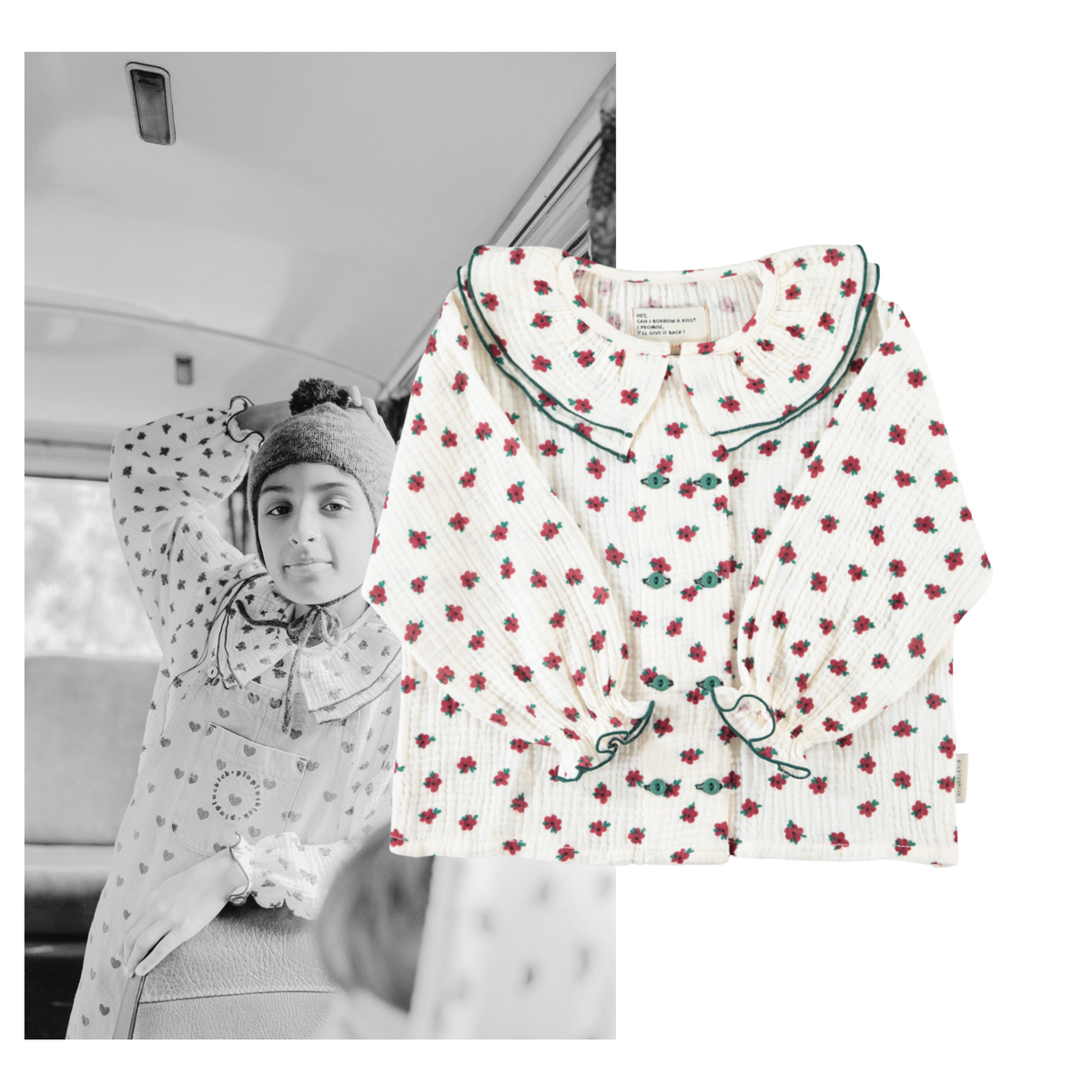 Piupiuchick AW26 - Weiße Bluse - 100% Bio-Baumwolle - Roten Blumen mit Kragen