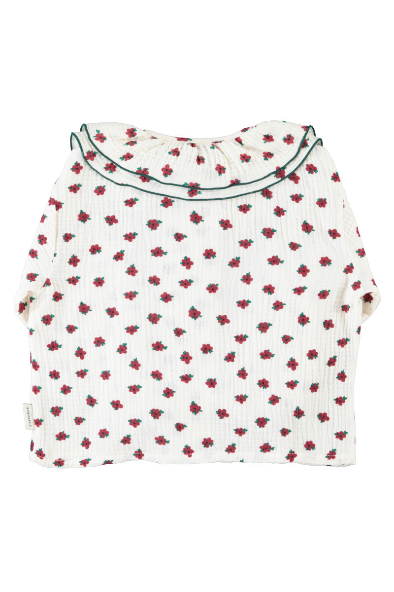 Piupiuchick AW26 - Weiße Bluse - 100% Bio-Baumwolle - Roten Blumen mit Kragen