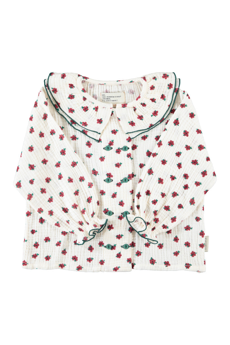 Piupiuchick AW26 - Weiße Bluse - 100% Bio-Baumwolle - Roten Blumen mit Kragen