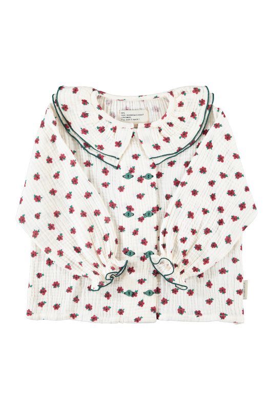 Piupiuchick AW26 - Weiße Bluse - 100% Bio-Baumwolle - Roten Blumen mit Kragen