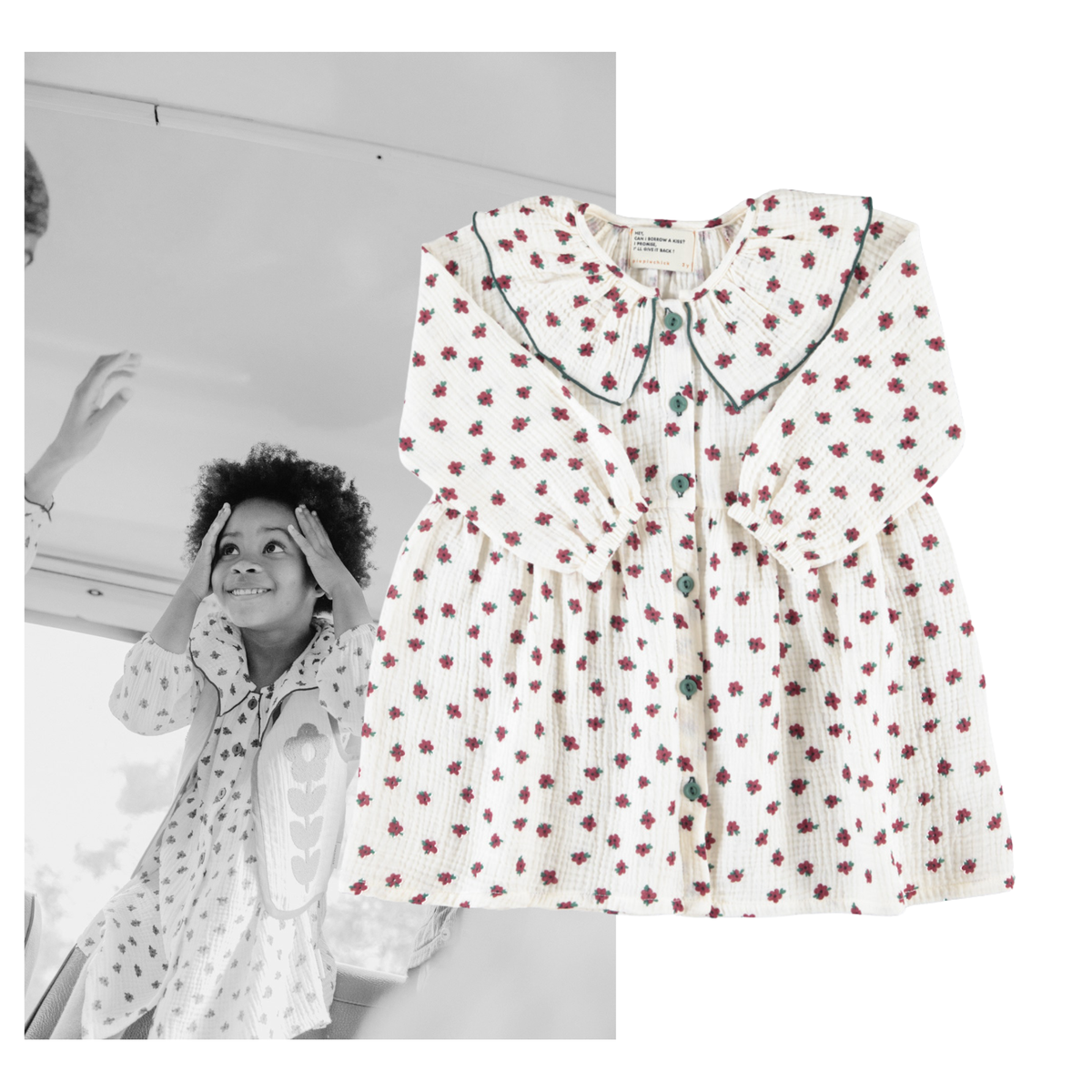 Piupiuchick AW26 - Weiße Kleider - 100% Bio-Baumwolle - Roten Blumen mit Kragen