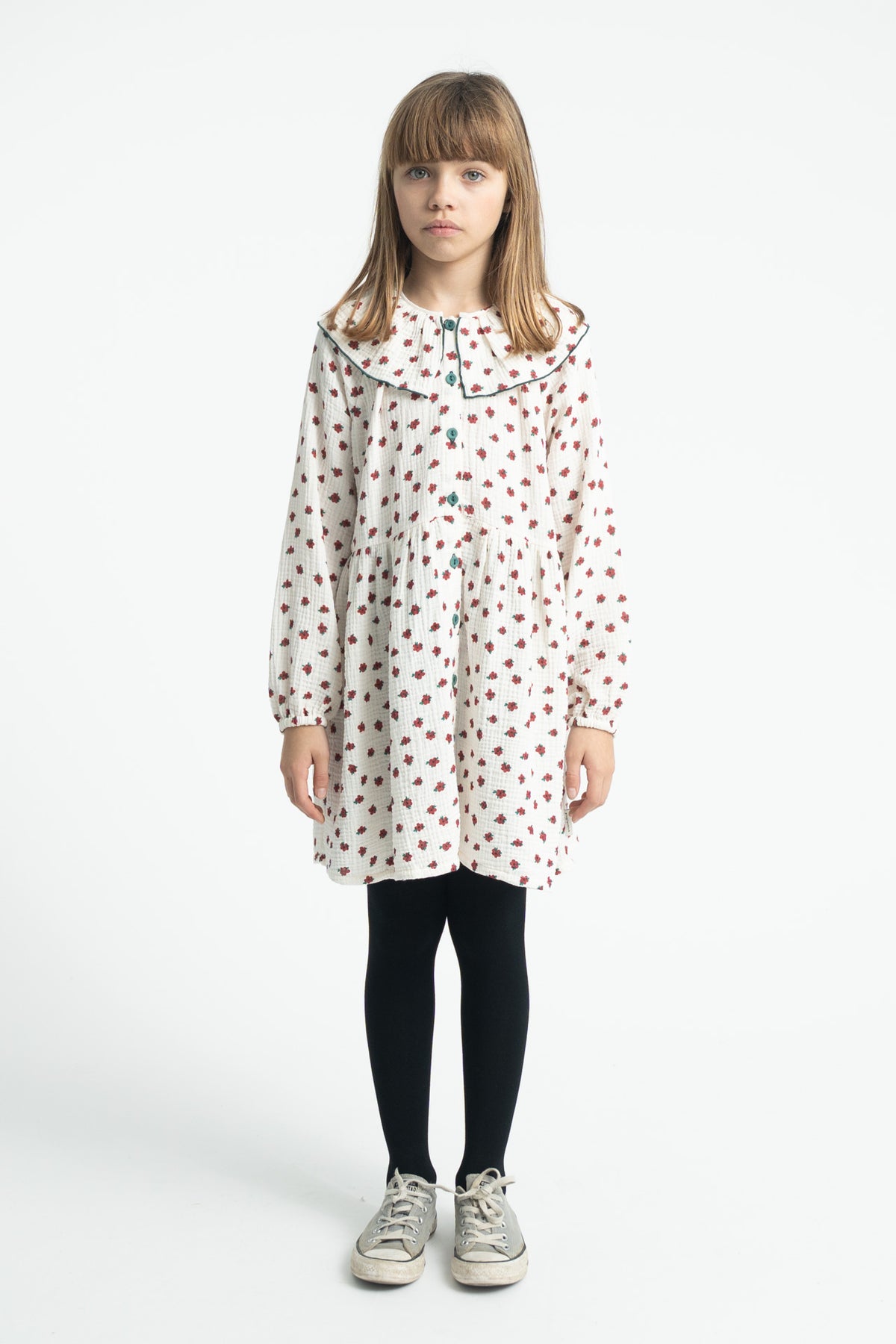 Piupiuchick AW26 - Weiße Kleider - 100% Bio-Baumwolle - Roten Blumen mit Kragen